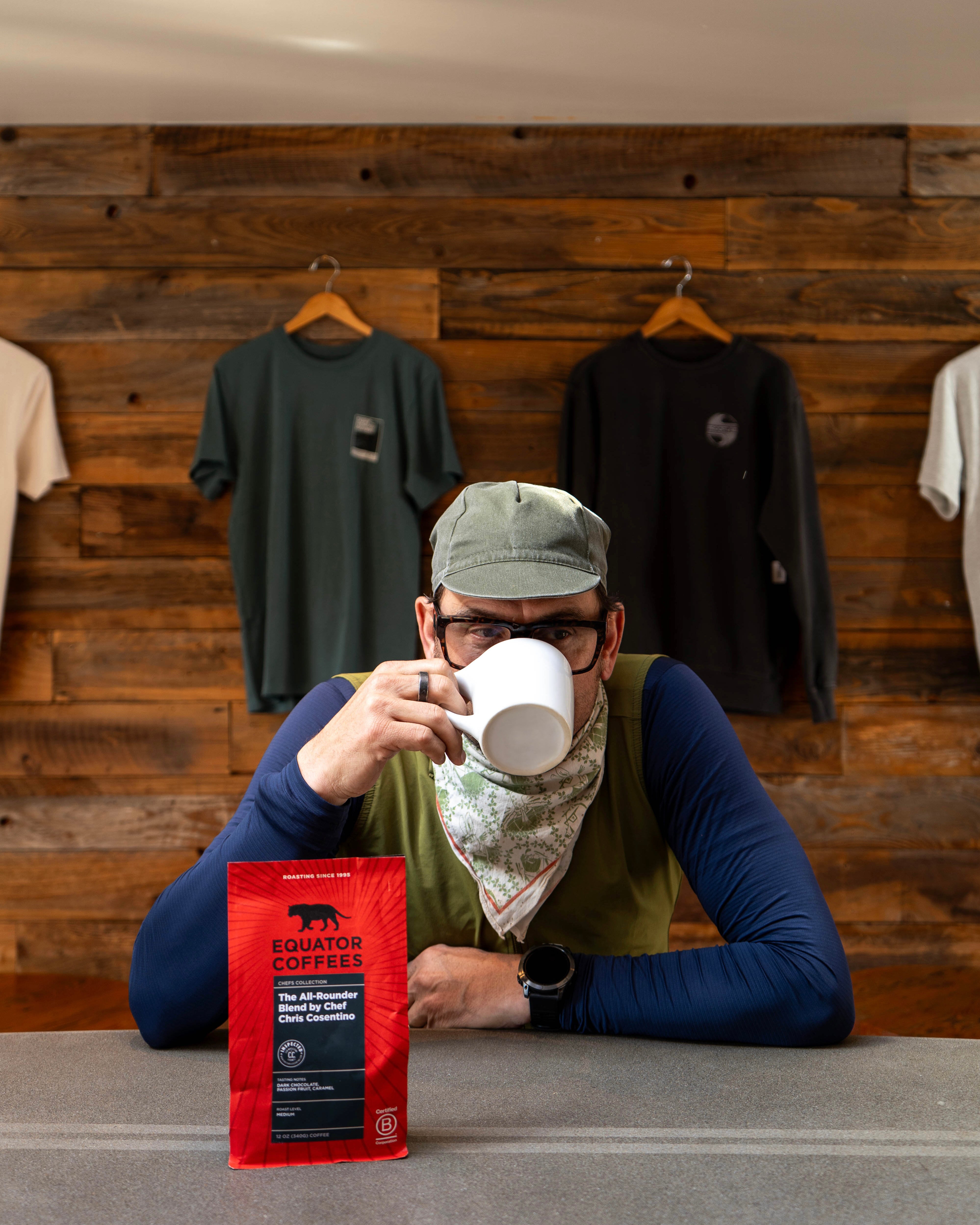 Chef Chris Cosentino drinking coffee in a coffee shop | Equator Coffees