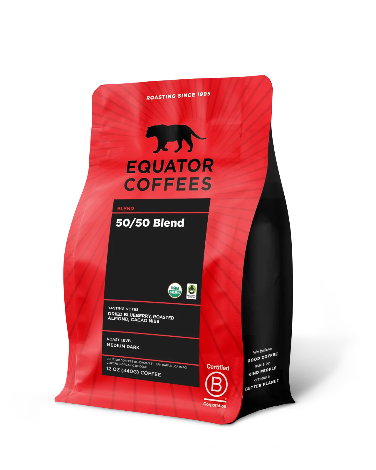 50-50 Blend Coffee | Certified Fair Trade Organic Coffee | Half Caf Coffee | Half Caffeinated Coffee | 12oz Bag of Whole Bean Coffee | Equator Coffees