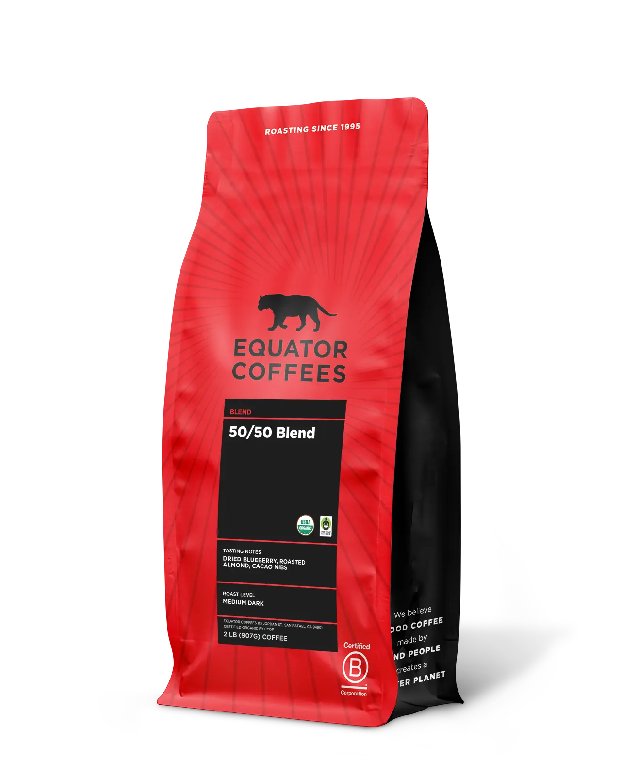 50-50 Blend Coffee | Certified Fair Trade Organic Coffee | Half Caf Coffee | Half Caffeinated Coffee | 2lb Bag of Whole Bean Coffee | Equator Coffees