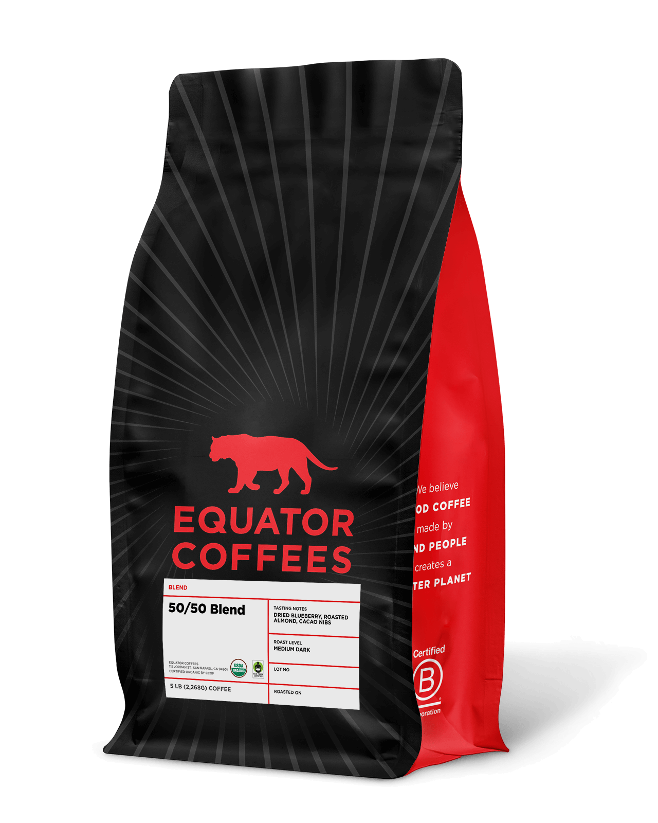 50-50 Blend Coffee | Certified Fair Trade Organic Coffee | Half Caf Coffee | Half Caffeinated Coffee | 5lb Bag of Whole Bean Coffee | Equator Coffees
