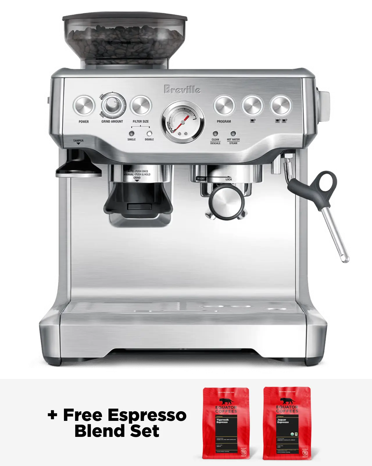 Breville Barista Express Espresso Machine | Includes two bags of Equator coffee | Front of machine | Equator Coffees