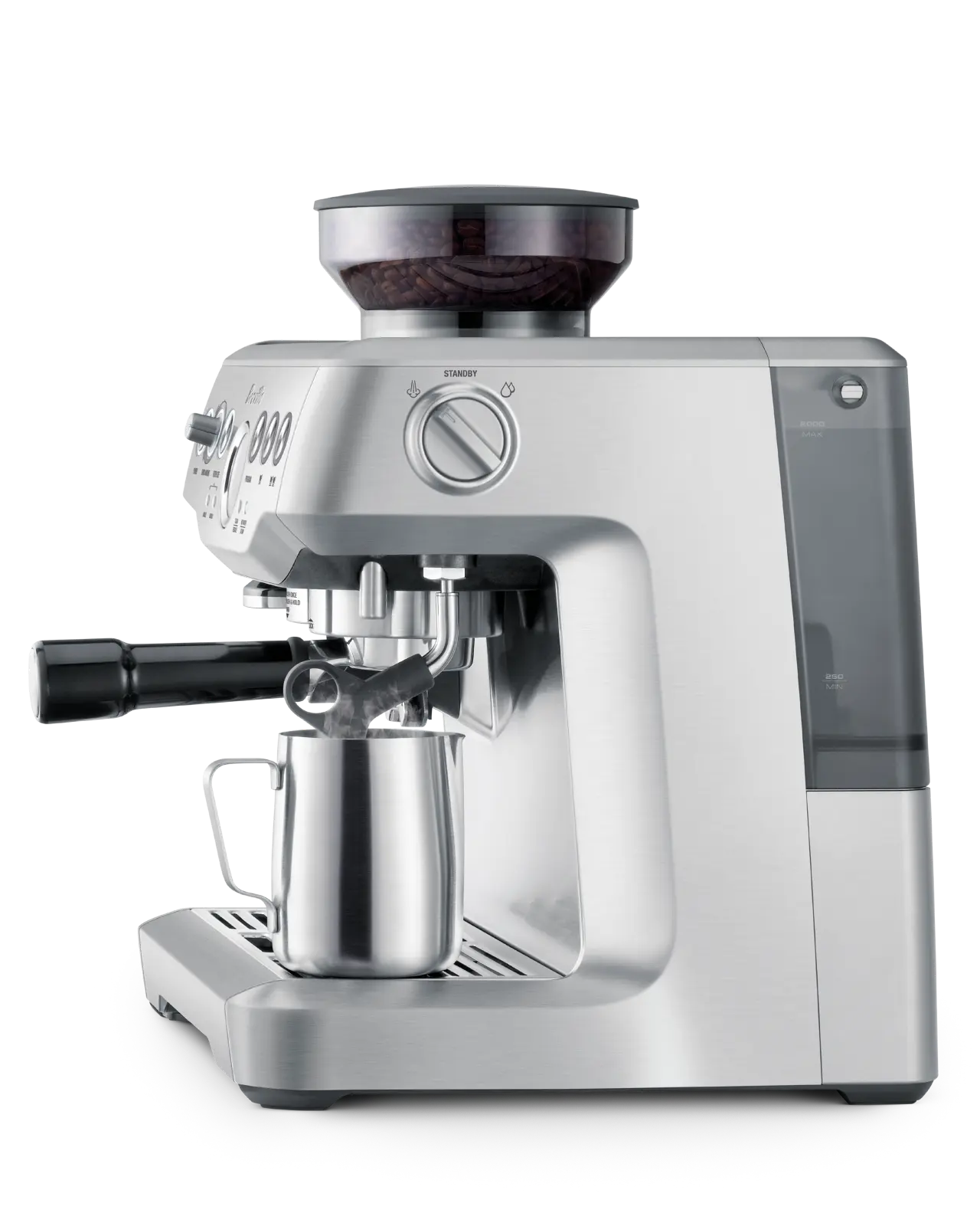 Breville Barista Express Espresso Machine | Side of Machine with Milk Pitcher for Frothing | Equator Coffees