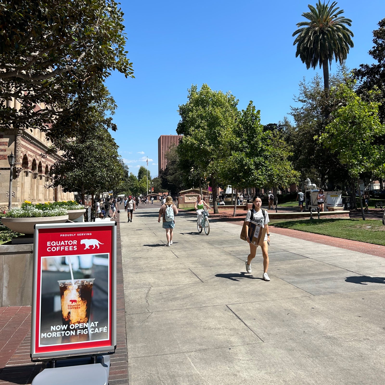 University campus with students walking by an Equator Coffees coffee shop sign on a sunny day | Equator Coffees