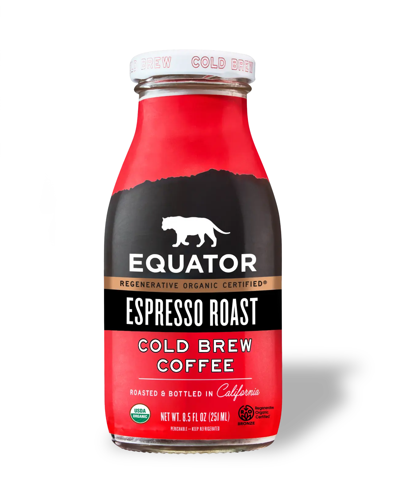 Regenerative Organic Certified Espresso Roast Organic Cold Brew Coffee | Roasted and Bottled in California | Front of 8.5 fl oz bottle | Equator Coffees