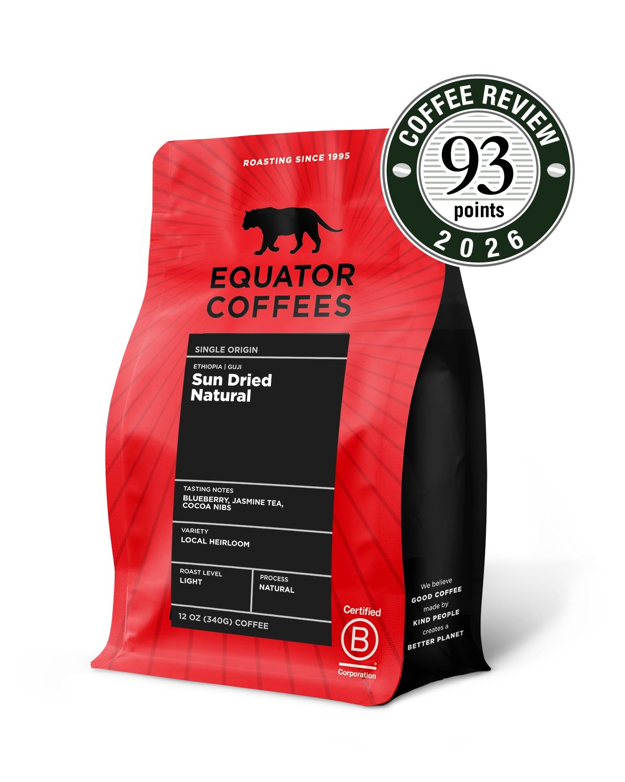 Ethiopia Sun Dried Natural | Ethiopia Coffee | Coffee from Ethiopia | Natural Processed Coffee | 12oz Bag of Whole Bean Coffee | Equator Coffees