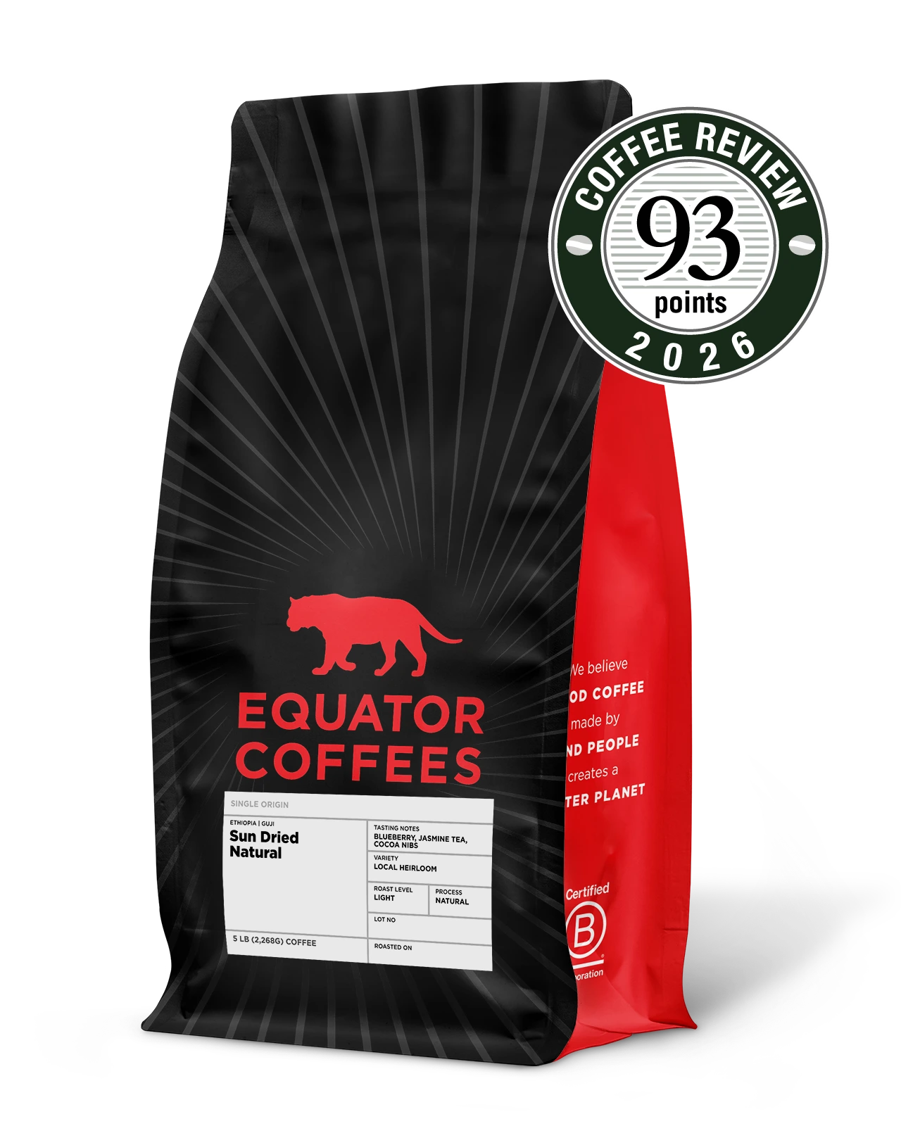 Ethiopia Sun Dried Natural | Ethiopia Coffee | Coffee from Ethiopia | Natural Processed Coffee | 5lb Bag of Whole Bean Coffee | Equator Coffees