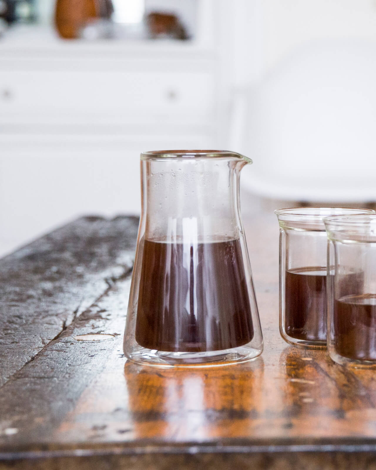 Fellow Stagg Double Wall Carafe | Fellow Coffee Carafe | Fellow Coffee Pitcher is ready to serve with two glass cups | Equator Coffees