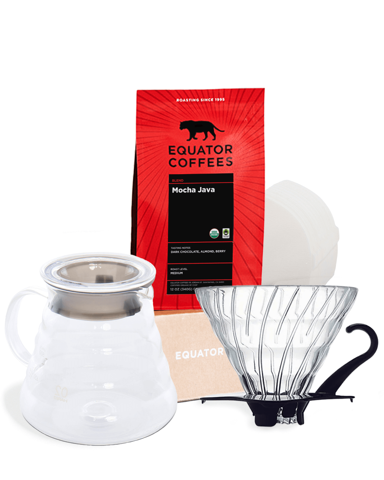 Hario V60 Pourover Starter Kit | Hario Coffee Bundle | Hario V60 Bundle | Pourover Coffee Bundle | 12oz Bag of Whole Bean Coffee | Equator Coffees