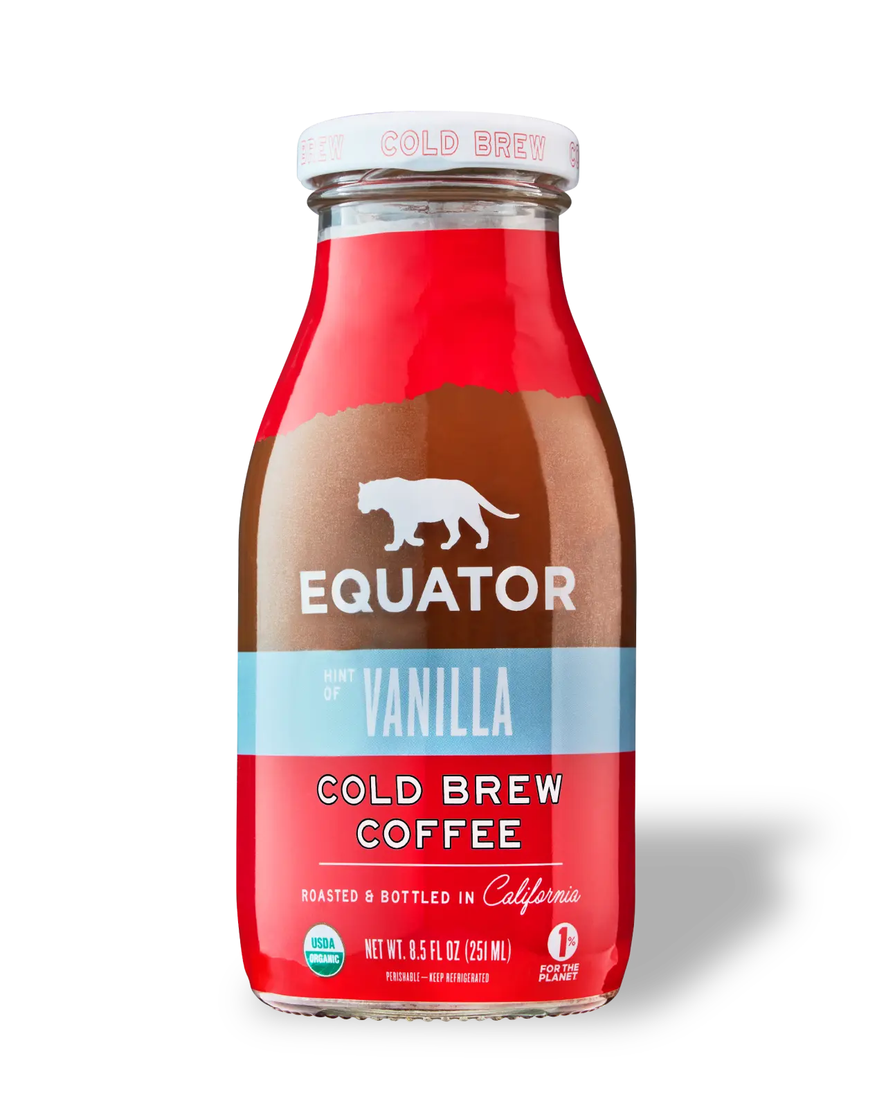 Hint of Vanilla Organic Cold Brew Coffee | Roasted and Bottled in California | Front of 8.5 fl oz bottle | Equator Coffees