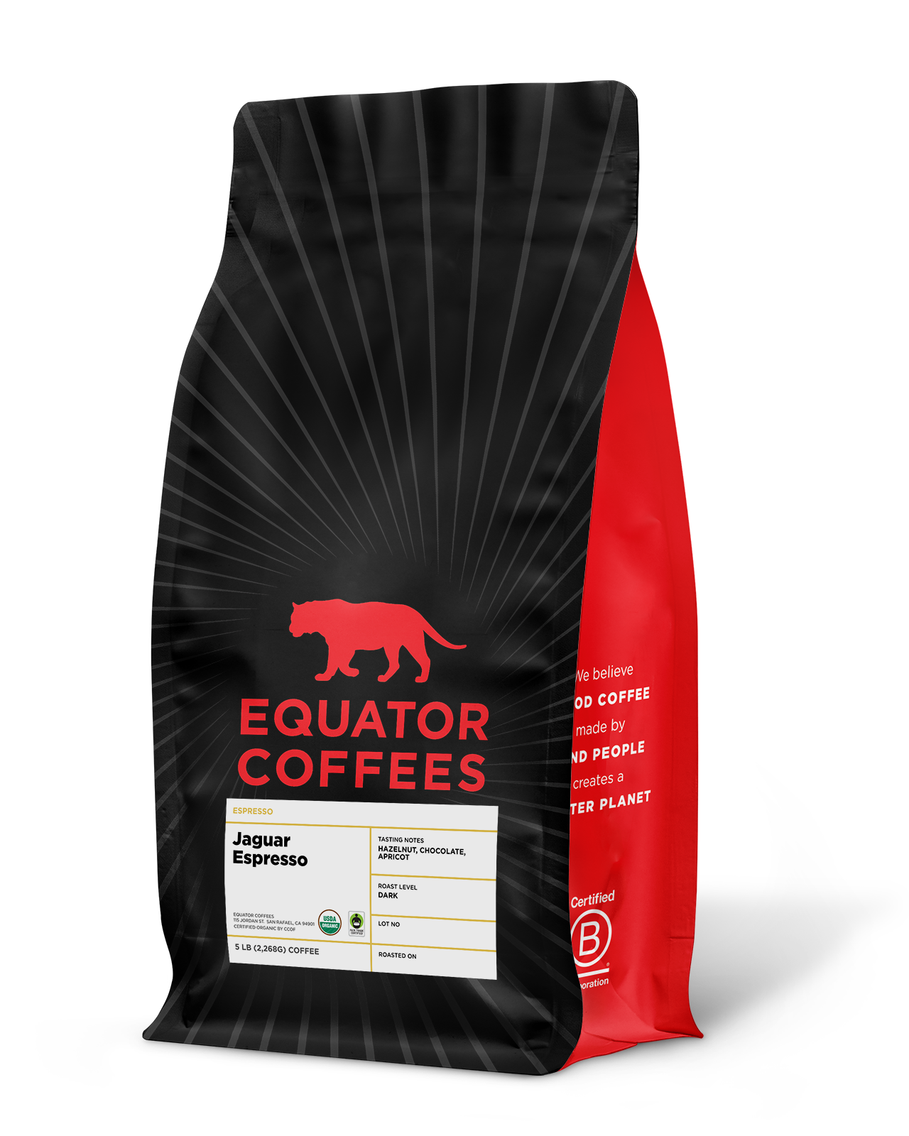 Jaguar Espresso | Award-Winning Espresso | Certified Organic Espresso | 5lb Bag of Whole Espresso Beans | Equator Coffees