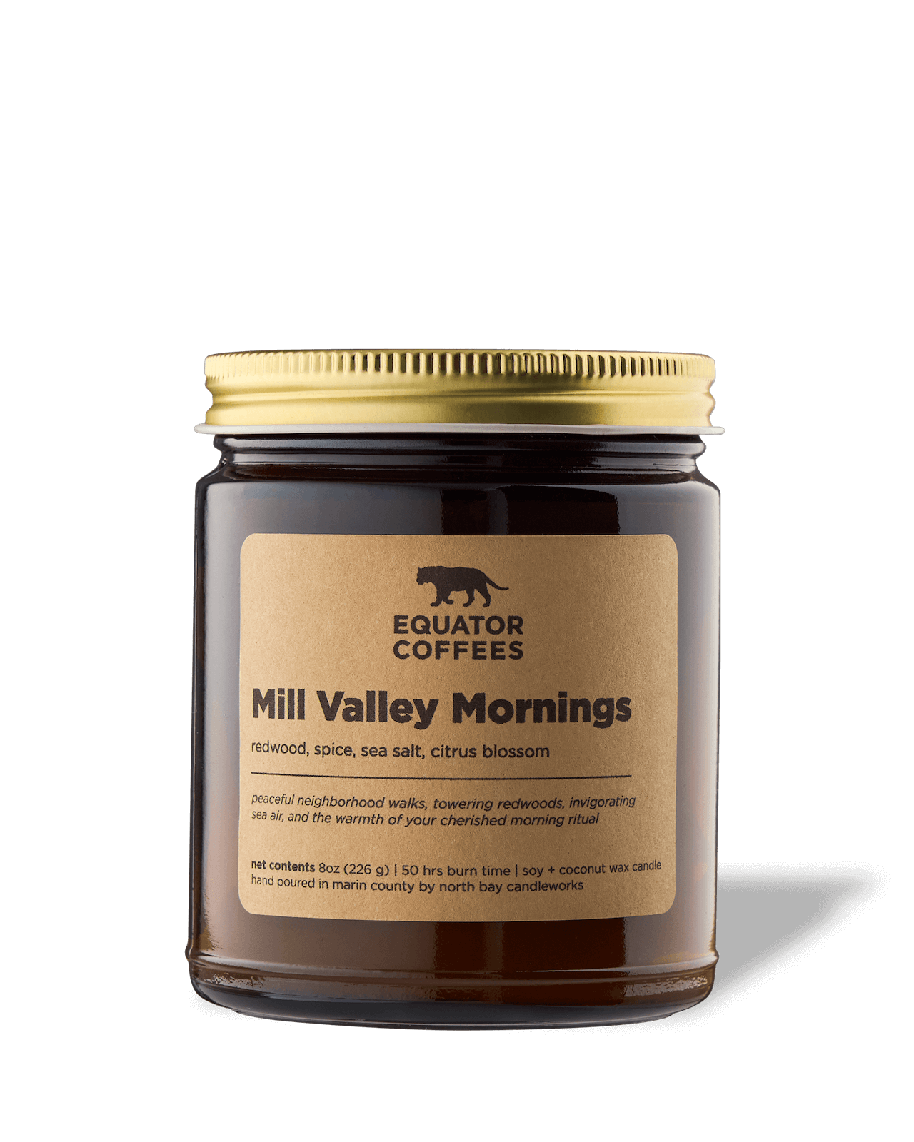 Mill Valley Mornings Candle | redwood, spice, sea sale, citrus blossom | peaceful neighborhood walks, towering redwods, invigorating sea air, and the warmth of your cherished morning ritual. | Equator Coffees