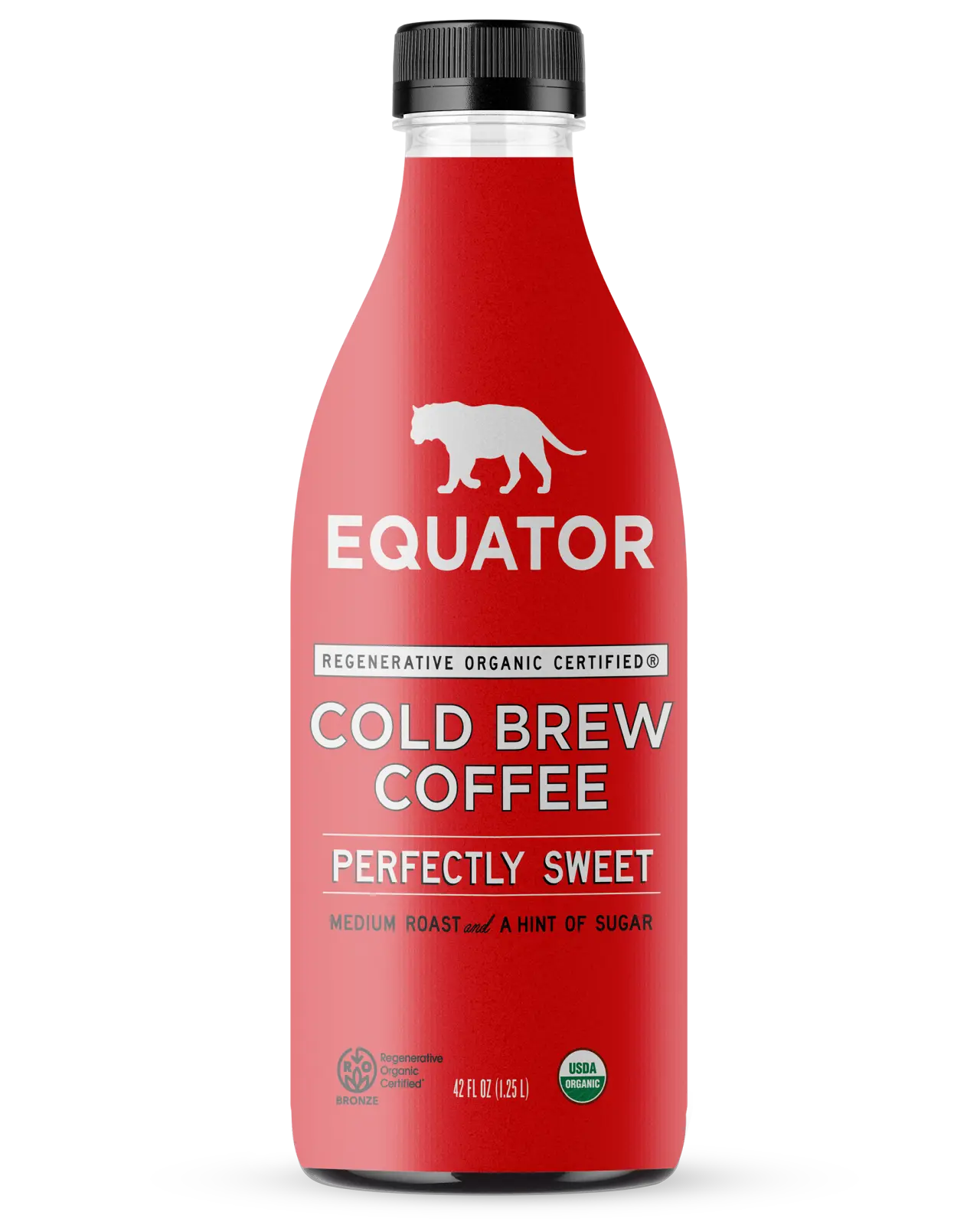 Perfectly Sweet Organic Cold Brew Coffee | Medium Roast and a Hint of Sugar | Front of 42 fl oz bottle | Equator Coffees