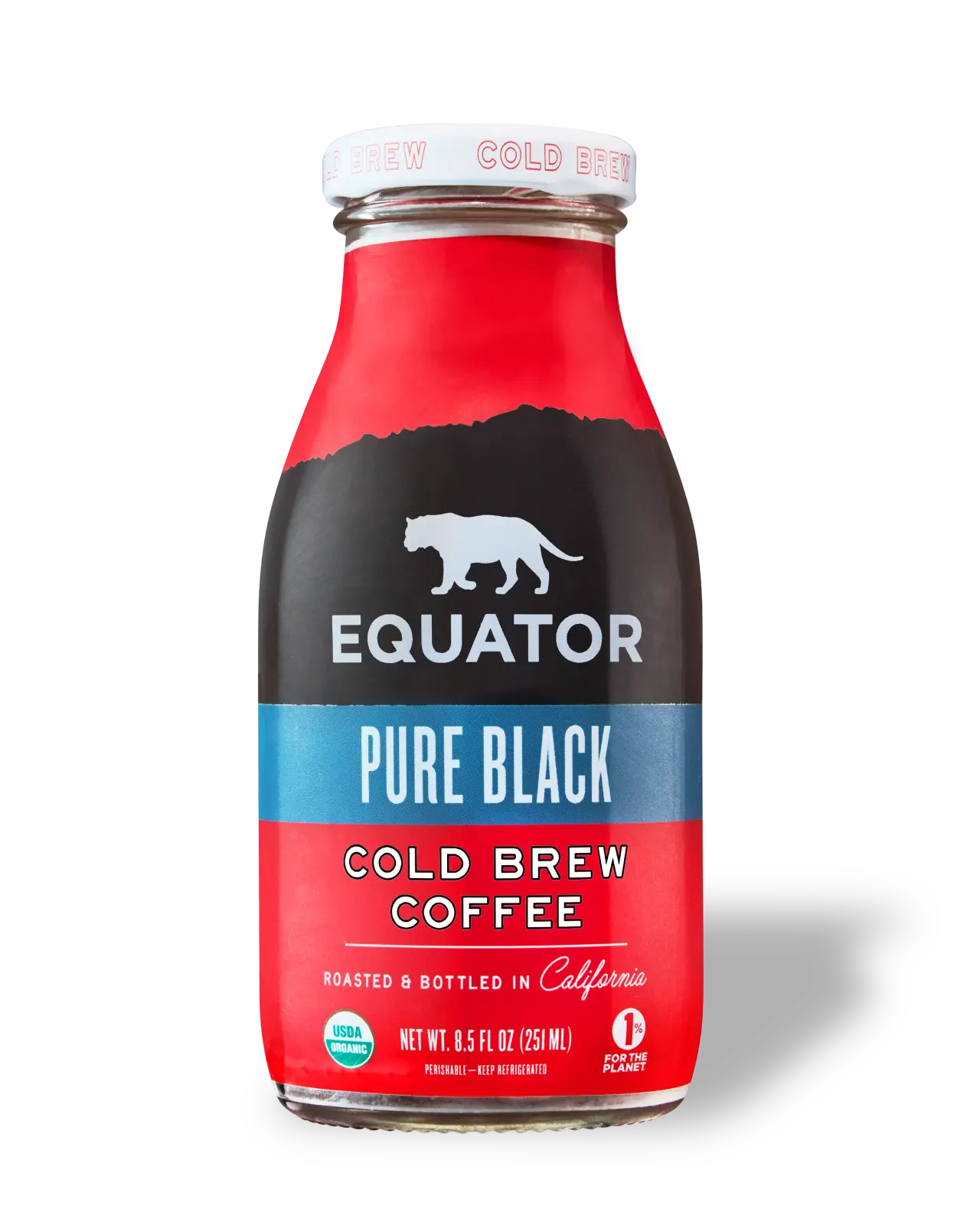 Pure Black Organic Cold Brew Coffee | Roasted and Bottled in California | Front of 8.5 fl oz bottle | Equator Coffees