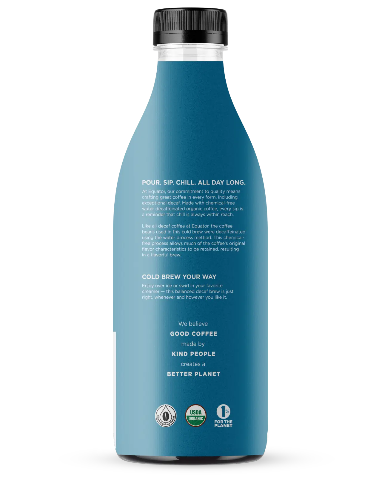 Simply Decaf Organic Cold Brew Coffee | Medium Roast and Unsweetened | Back of 42 fl oz bottle | Equator Coffees