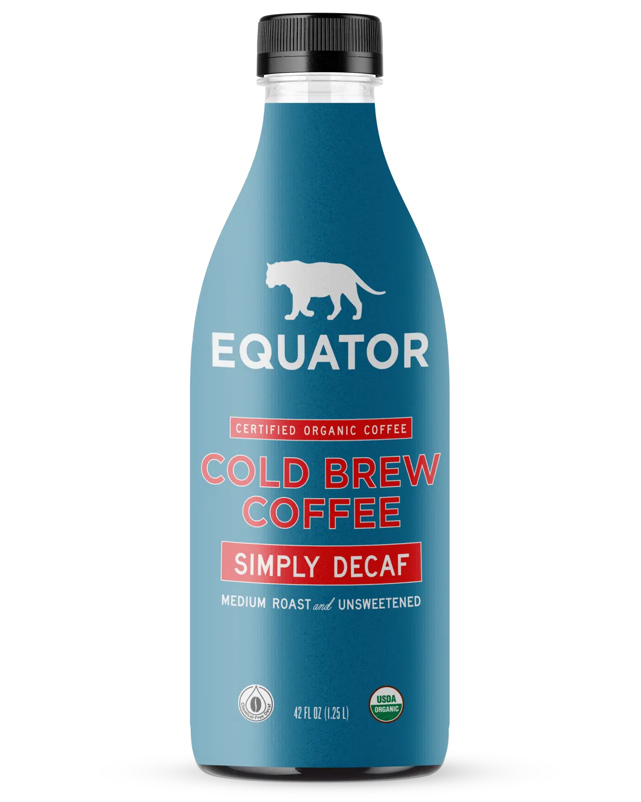 Simply Decaf Organic Cold Brew Coffee | Medium Roast and Unsweetened | Front of 42 fl oz bottle | Equator Coffees