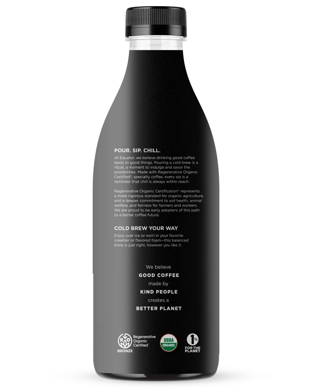 Smooth Black Organic Cold Brew Coffee | Medium Roast and Unsweetened | Back of 42 fl oz bottle | Equator Coffees