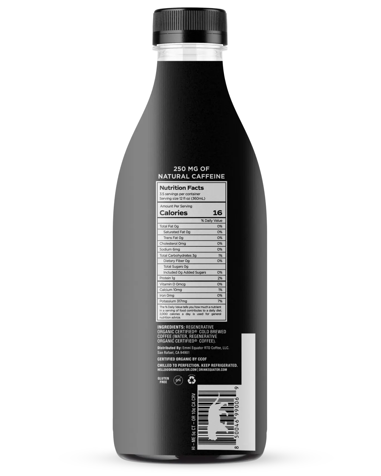 Smooth Black Organic Cold Brew Coffee | Medium Roast and Unsweetened | Side of 42 fl oz bottle | Equator Coffees