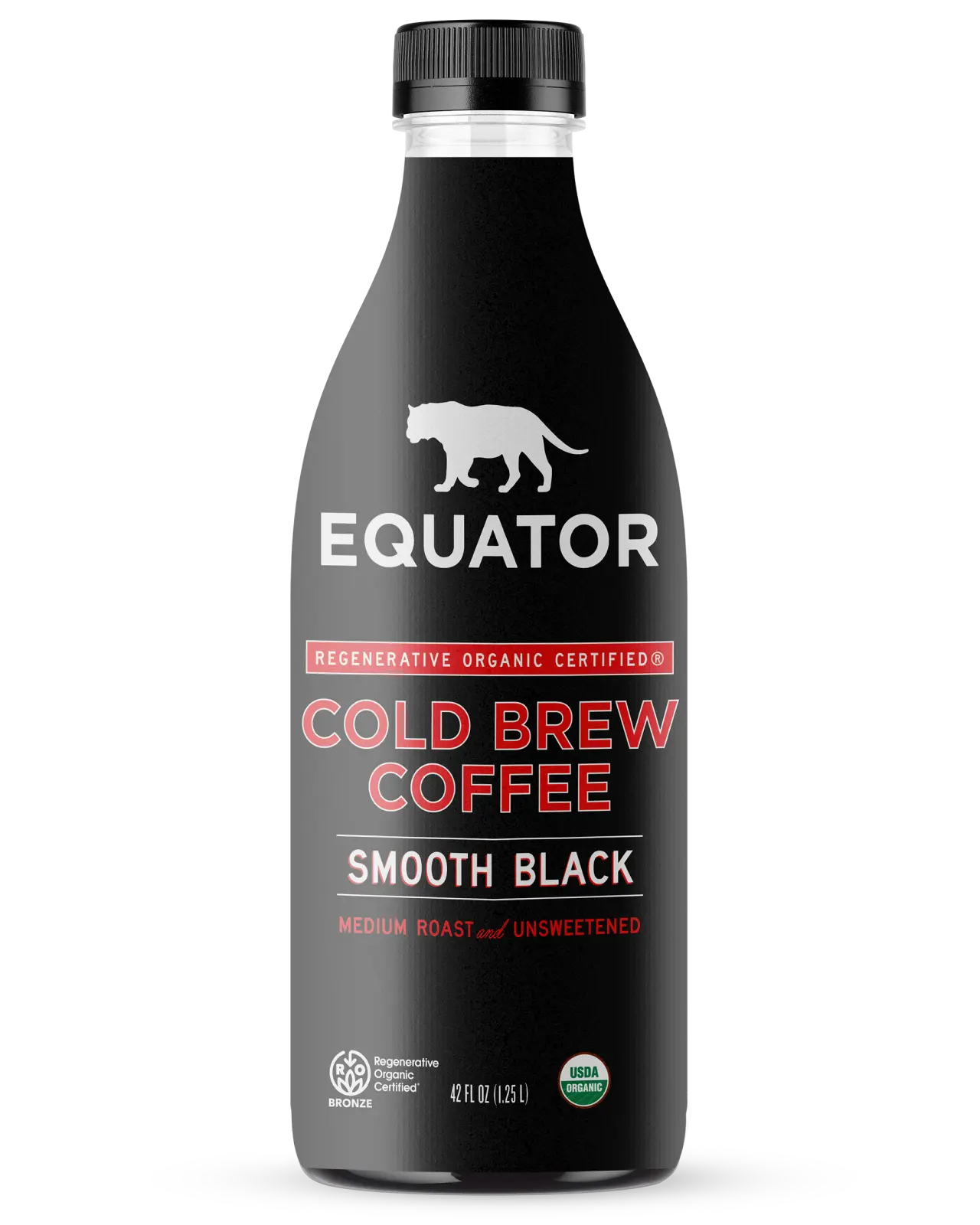 Smooth Black Organic Cold Brew Coffee | Medium Roast and Unsweetened | Front of 42 fl oz bottle | Equator Coffees