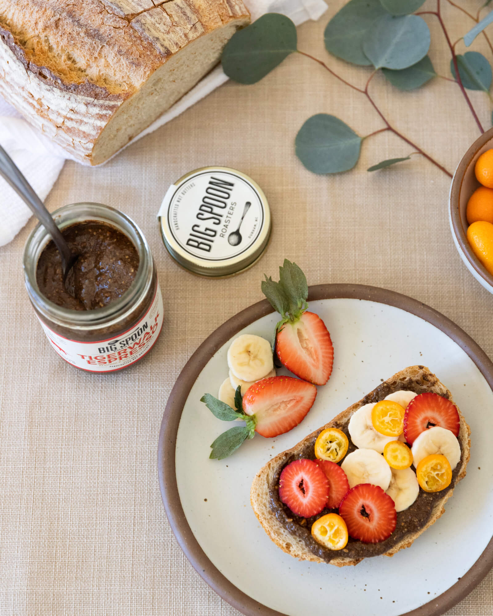 Big Spoon Tigerwalk Espresso Nut Butter served for breakfast with strawberry and banana toast | Equator Coffees