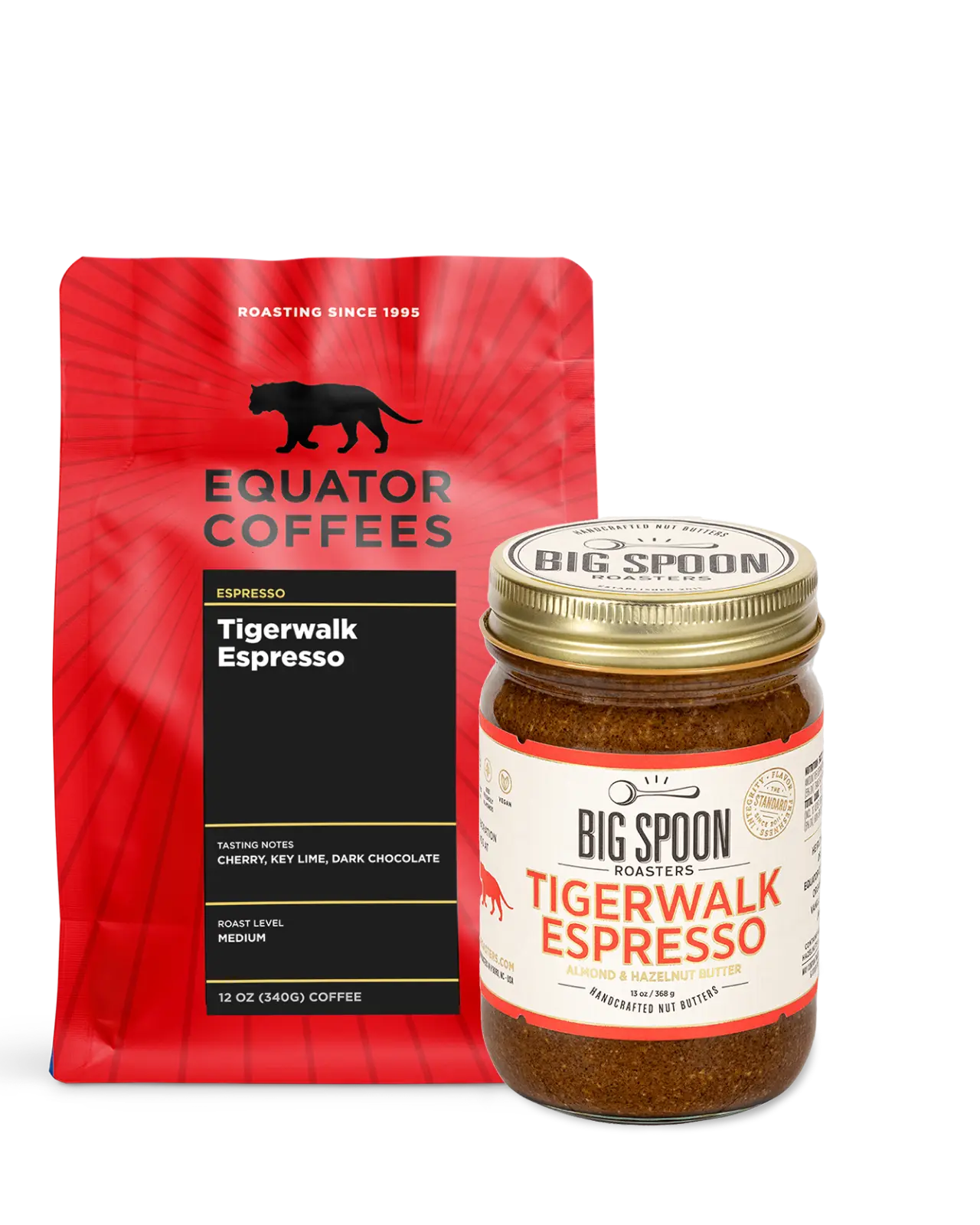 Tigerwalk Espresso Nut Butter Bundle | Espresso Gift Basket | 12oz Whole Espresso Beans with Big Spoon Nut Butter | Equator Coffees